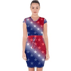 America Patriotic Red White Blue Capsleeve Drawstring Dress 