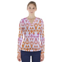 Geometric Abstract Orange Purple V-neck Long Sleeve Top