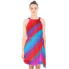 Diagonal Gradient Vivid Color 3d Halter Collar Waist Tie Chiffon Dress