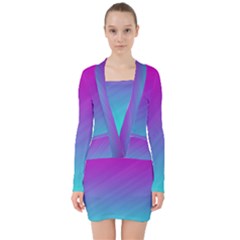 Background Pink Blue Gradient V-neck Bodycon Long Sleeve Dress by BangZart