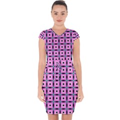 Pattern Pink Squares Square Texture Capsleeve Drawstring Dress 