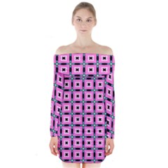 Pattern Pink Squares Square Texture Long Sleeve Off Shoulder Dress