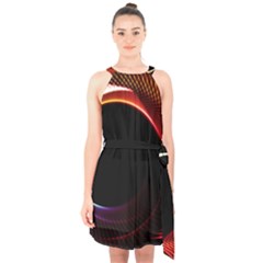 Grid Bent Vibration Ease Bend Halter Collar Waist Tie Chiffon Dress