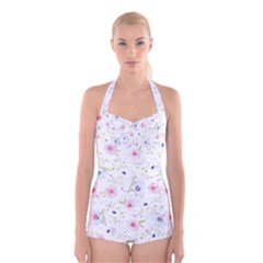 Floral Pattern Background Boyleg Halter Swimsuit 