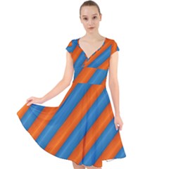 Diagonal Stripes Striped Lines Cap Sleeve Front Wrap Midi Dress