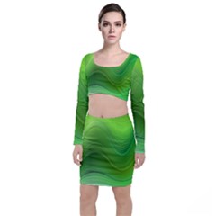 Green Wave Background Abstract Long Sleeve Crop Top & Bodycon Skirt Set by BangZart