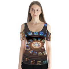 Stained Glass Spiral Circle Pattern Butterfly Sleeve Cutout Tee 