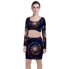 Stained Glass Spiral Circle Pattern Long Sleeve Crop Top & Bodycon Skirt Set