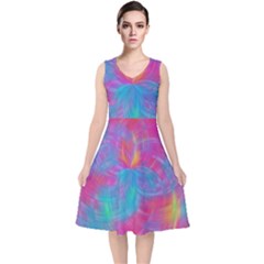 Abstract Fantastic Fractal Gradient V-neck Midi Sleeveless Dress 