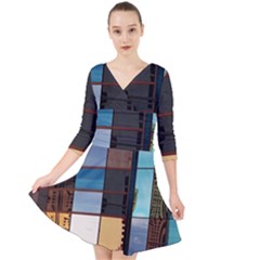 Glass Facade Colorful Architecture Quarter Sleeve Front Wrap Dress	