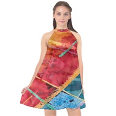 Painting Watercolor Wax Stains Red Halter Neckline Chiffon Dress 