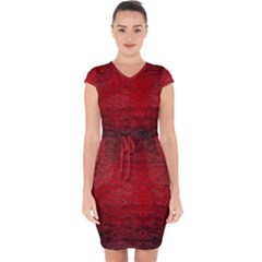 Red Grunge Texture Black Gradient Capsleeve Drawstring Dress 