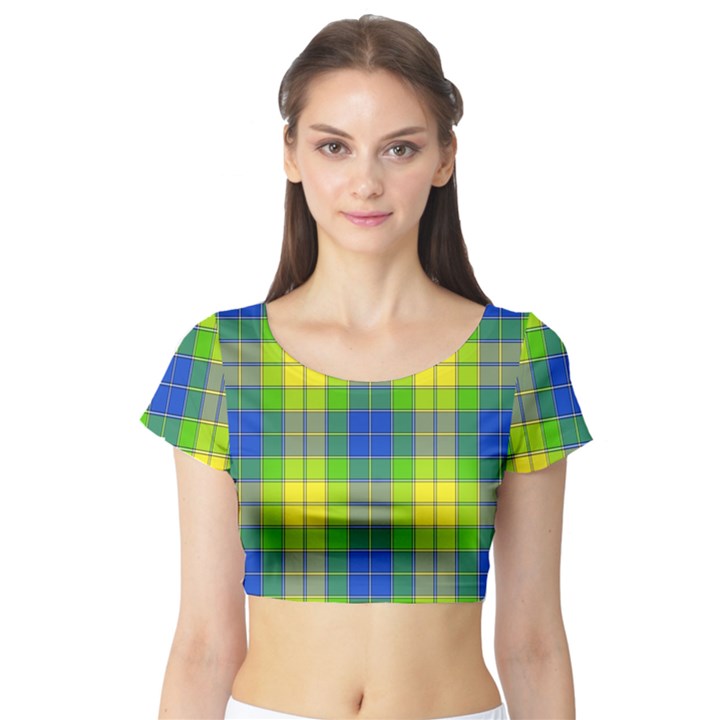 Spring Plaid Yellow Blue And Green Short Sleeve Crop Top