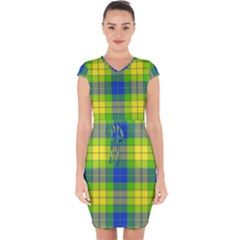 Spring Plaid Yellow Blue And Green Capsleeve Drawstring Dress 