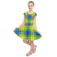 Spring Plaid Yellow Blue And Green Kids  Short Sleeve Dress