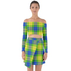 Spring Plaid Yellow Blue And Green Off Shoulder Top With Skirt Set