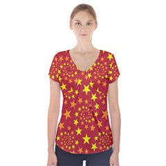 Star Stars Pattern Design Short Sleeve Front Detail Top