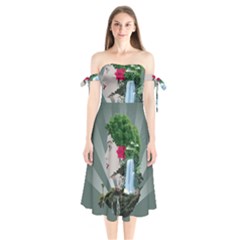 Digital Nature Beauty Shoulder Tie Bardot Midi Dress