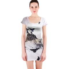 Birds Crows Black Ravens Wing Short Sleeve Bodycon Dress