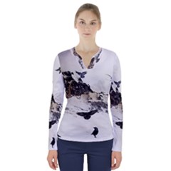 Birds Crows Black Ravens Wing V-neck Long Sleeve Top by BangZart