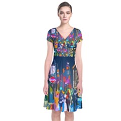 Abstract Vibrant Colour Cityscape Short Sleeve Front Wrap Dress