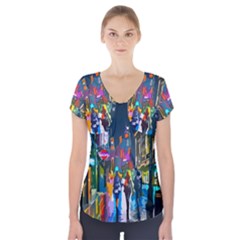 Abstract Vibrant Colour Cityscape Short Sleeve Front Detail Top by BangZart