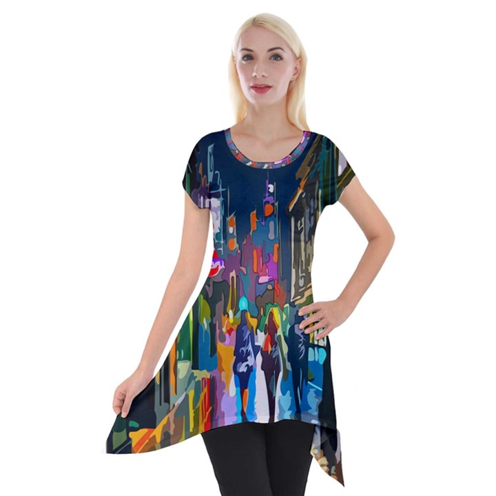 Abstract Vibrant Colour Cityscape Short Sleeve Side Drop Tunic