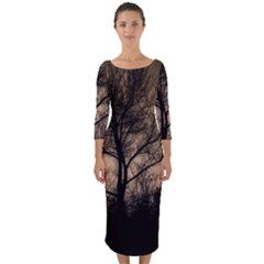 Tree Bushes Black Nature Landscape Quarter Sleeve Midi Bodycon Dress