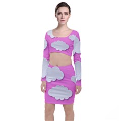 Clouds Sky Pink Comic Background Long Sleeve Crop Top & Bodycon Skirt Set by BangZart