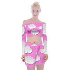 Clouds Sky Pink Comic Background Off Shoulder Top With Mini Skirt Set by BangZart