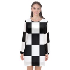 Grid Domino Bank And Black Long Sleeve Chiffon Shift Dress 