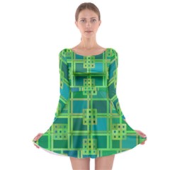 Green Abstract Geometric Long Sleeve Skater Dress