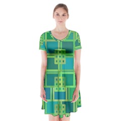 Green Abstract Geometric Short Sleeve V-neck Flare Dress