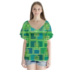 Green Abstract Geometric V-neck Flutter Sleeve Top