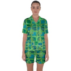 Green Abstract Geometric Satin Short Sleeve Pyjamas Set