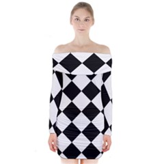 Grid Domino Bank And Black Long Sleeve Off Shoulder Dress