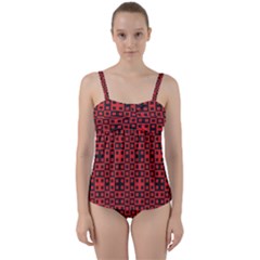 Abstract Background Red Black Twist Front Tankini Set