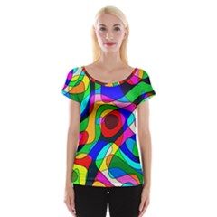 Digital Multicolor Colorful Curves Cap Sleeve Tops