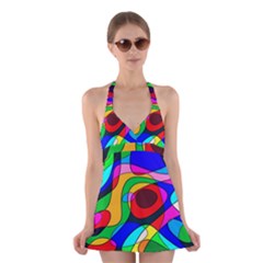 Digital Multicolor Colorful Curves Halter Dress Swimsuit 