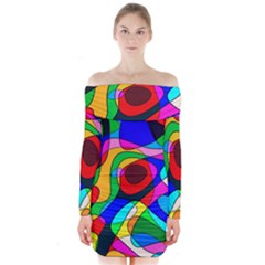 Digital Multicolor Colorful Curves Long Sleeve Off Shoulder Dress