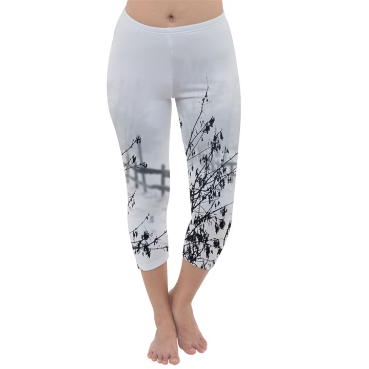 Snow Winter Cold Landscape Fence Capri Winter Leggings 