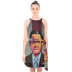 George W Bush Pop Art President Usa Halter Collar Waist Tie Chiffon Dress