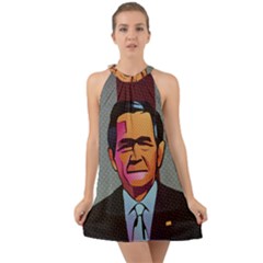 George W Bush Pop Art President Usa Halter Tie Back Chiffon Dress