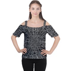 Black Abstract Structure Pattern Cutout Shoulder Tee