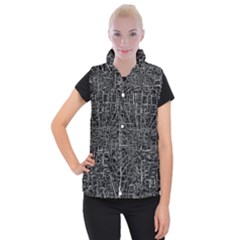 Black Abstract Structure Pattern Women s Button Up Puffer Vest