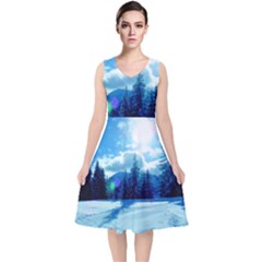 Ski Holidays Landscape Blue V-neck Midi Sleeveless Dress  by BangZart