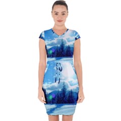 Ski Holidays Landscape Blue Capsleeve Drawstring Dress 