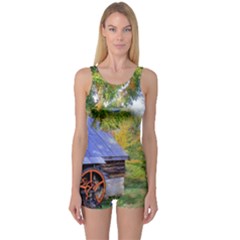 Landscape Blue Shed Scenery Wood One Piece Boyleg Swimsuit