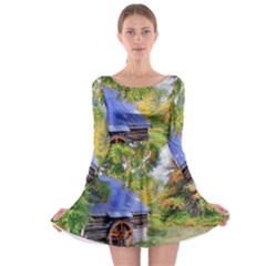 Landscape Blue Shed Scenery Wood Long Sleeve Skater Dress