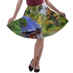 Landscape Blue Shed Scenery Wood A-line Skater Skirt by BangZart